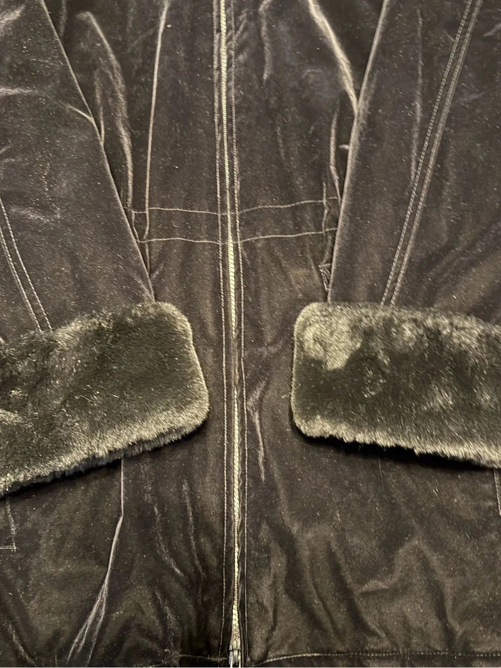 Gallery‎ Black Velvet Hooded Puffer Coat with Faux Fur Trim